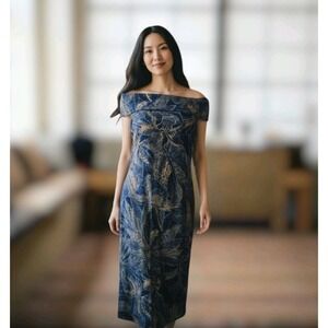 Lauren Ralph Lauren Blue Floral Off Shoulder Midi Dress Womens Medium Cotton